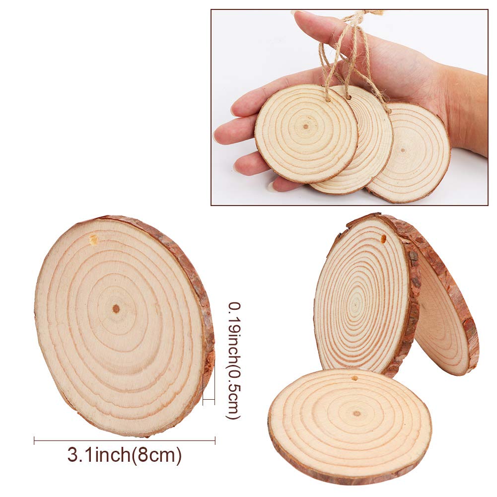 AerWo Natural Wood Slices 50 Pcs 2.7-3.1 Inches Craft Wood Kit Unfinished Predrilled with Hole Wooden Circles Tree Slices for Arts and Crafts Christmas Ornaments DIY Crafts AerWo