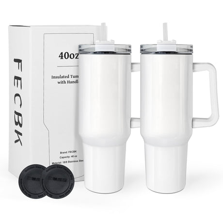 FECBK 40 oz Sublimation Tumbler with Handle and Straw Keeps Cold for 34 Hours 2 Pack Stainless Steel Double Wall Vacuum Insulated Travel Mug Cup Tumblers Bulk Sublimation Blank White FECBK