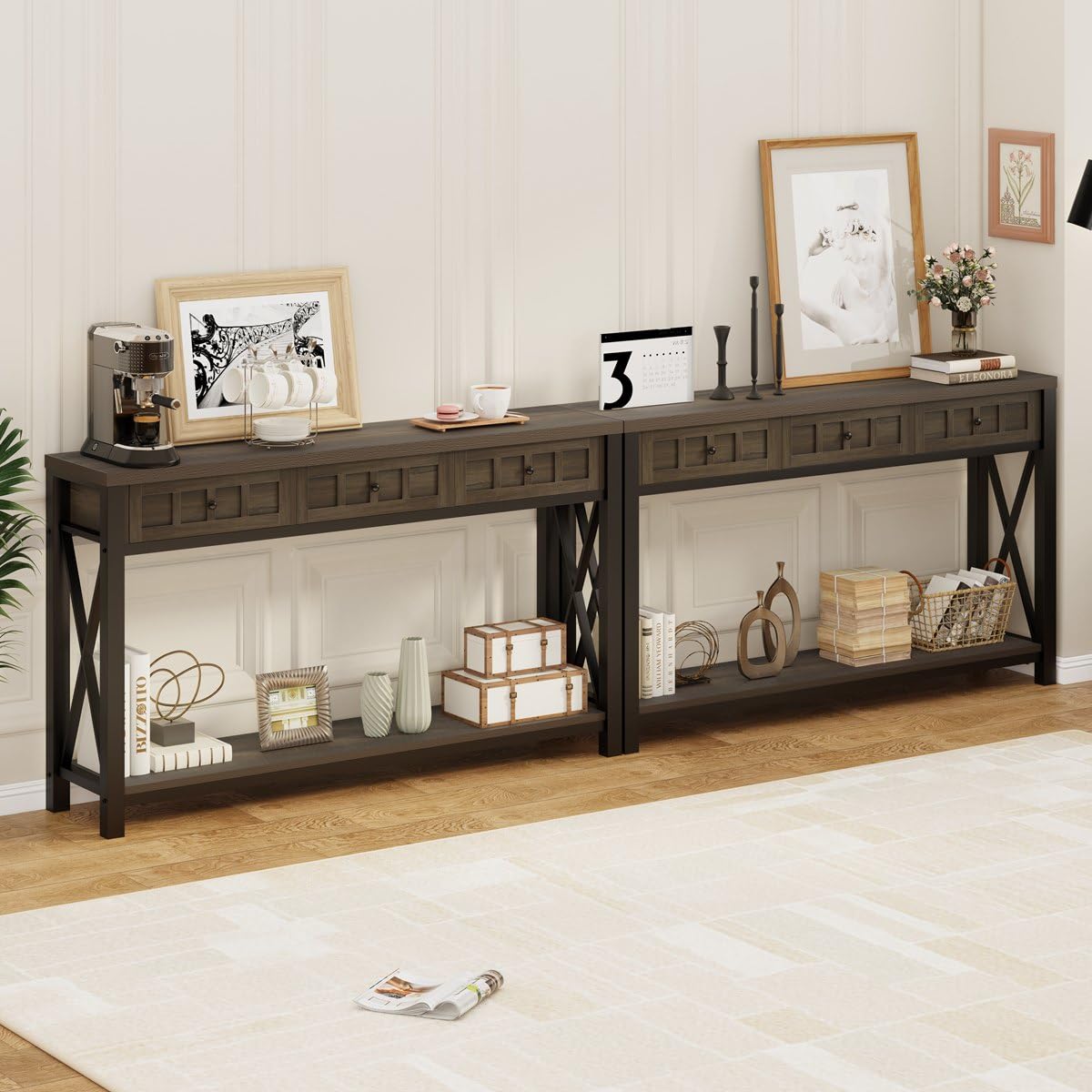 FATORRI Industrial Console Table for Entryway, Rustic Sofa Table with Shelf and 3 Drawers for Living Room, Farmhouse Foyer Table and Couch Table Behind Sofa (54.72 Inch Long, Walnut Brown) - WoodArtSupply