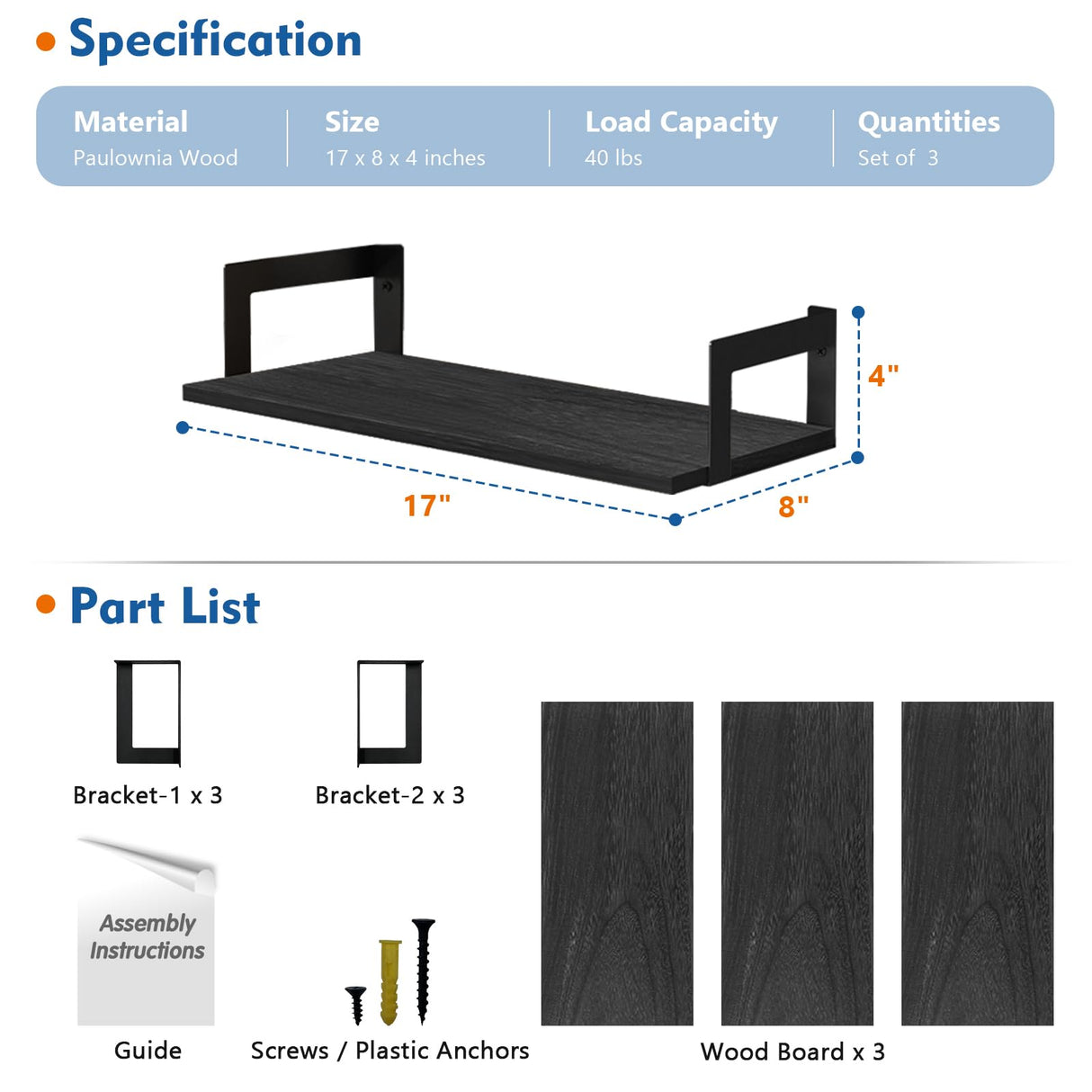 Harwaya Wall Mounted Bookshelf, Floating Bookshelves for Bedroom, 17 Inches Long Wall Mount Book Shelves for Living Room Office Books, Black Wall Book Holder Bookcase (Set of 3) Harwaya