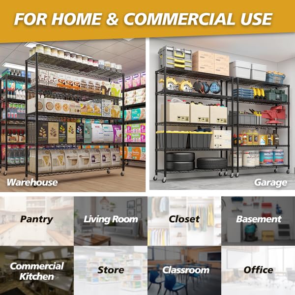 Orixforce Heavy Duty Wire Shelving Unit with Wheels – 5-Tier Adjustable Metal Storage Rack, NSF Certified Steel Shelves, 3125lbs Capacity Garage, Pantry, Commercial Shelving, 74" H x 59" W x 17.72" D Orixforce