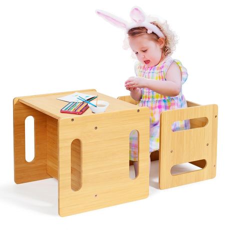 Kids Table and Chair Set, Montessori Weaning Table and Chair,Natural Bamboo Small Desk Chair,Toddler Activity Table and Chair Set for 1-3 Year Old Kids Dinner,Reading,Playing Toys, CPC Certified Ollieroo