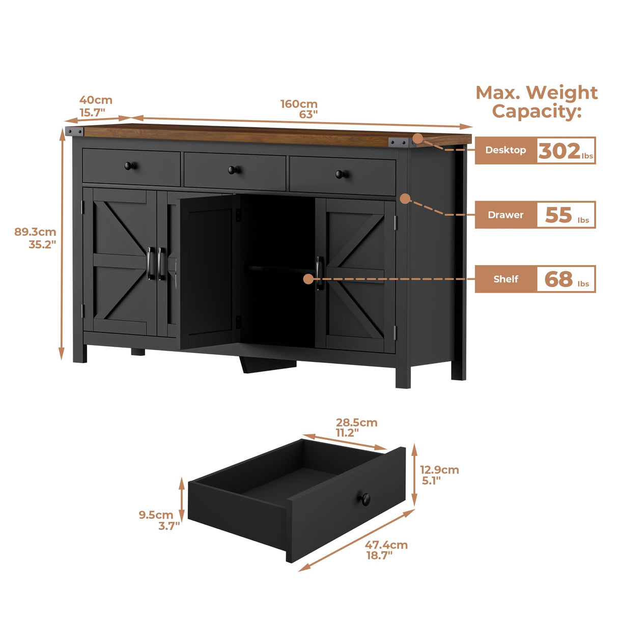 VVFLU 63" Sideboard Buffet Cabinet with Storage, Coffee Bar with 3 Drawers and 4 Barn Doors, Long Wider Storage Cabinet Modern Farmhouse, Black Wood, for Kitchen, Dining Room, Living Room VVFLU