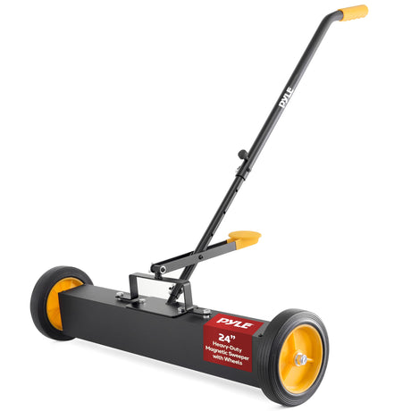 Pyle 24” Rolling Magnetic Sweeper with Adjustable Handle - Strong and Durable Metal Construction, Heavy-Duty Cleaning, Metal Pickup for Industrial and Commercial Use (Black and Orange) Pyle