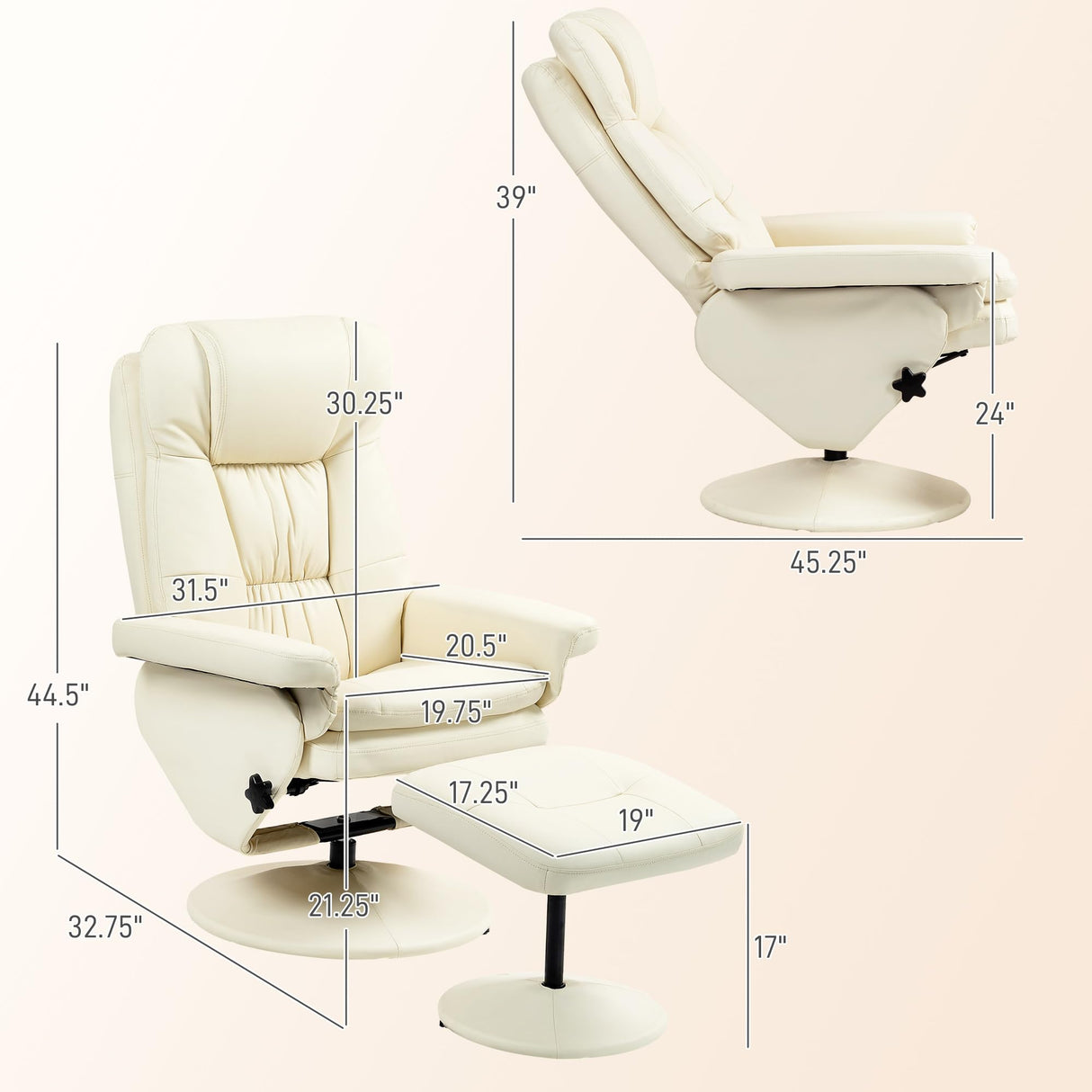 HOMCOM Swivel Recliner with Ottoman, PU Leather Reclining Chair with Ottoman, Upholstered Recliner and Footrest with Wrapped Base for Living Room, Bedroom and Home Office, Cream White HOMCOM
