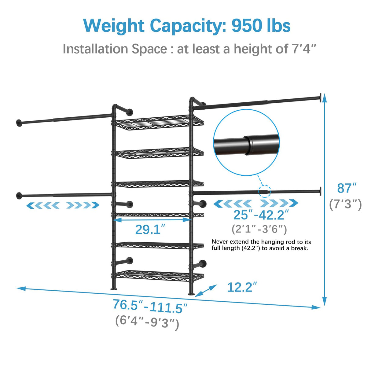 Timate P3 Closet System, Expandable Wall Mounted Closet System with 6 Adjustable Shelves & 4 Expandable Hanger Rods, Industrial Pipe Clothing Rack for Hanging Clothes, Fits Spaces 6'4"-9'3", Black Timate
