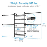 Timate P3 Closet System, Expandable Wall Mounted Closet System with 6 Adjustable Shelves & 4 Expandable Hanger Rods, Industrial Pipe Clothing Rack for Hanging Clothes, Fits Spaces 6'4"-9'3", Black Timate