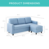 Best Choice Products Upholstered Sectional Sofa for Home, Apartment, Dorm, Bonus Room, Compact Spaces w/Chaise Lounge, 3-Seat, L-Shape Design, Reversible Ottoman Bench, 680lb Capacity - Light Blue Best Choice Products