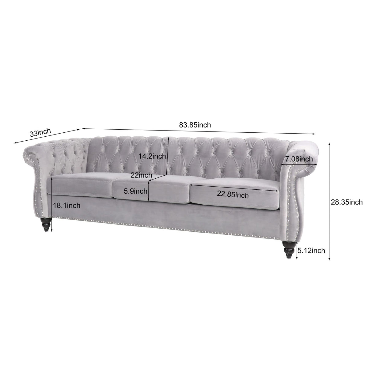 ONCIN Velvet Chesterfield Sofa, 84'' Modern Tufted 3 Seater Couch with Scroll Arms and Wood Legs for Living Room Bedroom (Gray), Grey Velvet, 84 In Chesterfield Sofa ONCIN