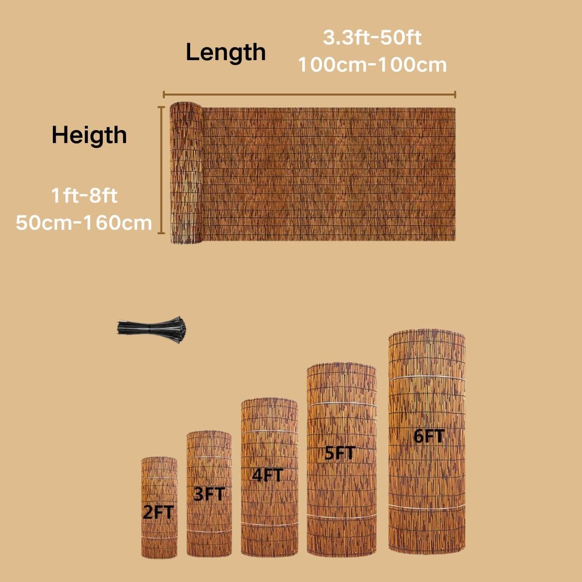 Natural Bamboo Fencing Rolls 2FT 4FT 6FT 8FT 9FT 16.4FT Decorative Bamboo Fence Screen Curtain Balcony Fence Bamboo Screen Fencing for Outdoor Backyard Patio（Brown）