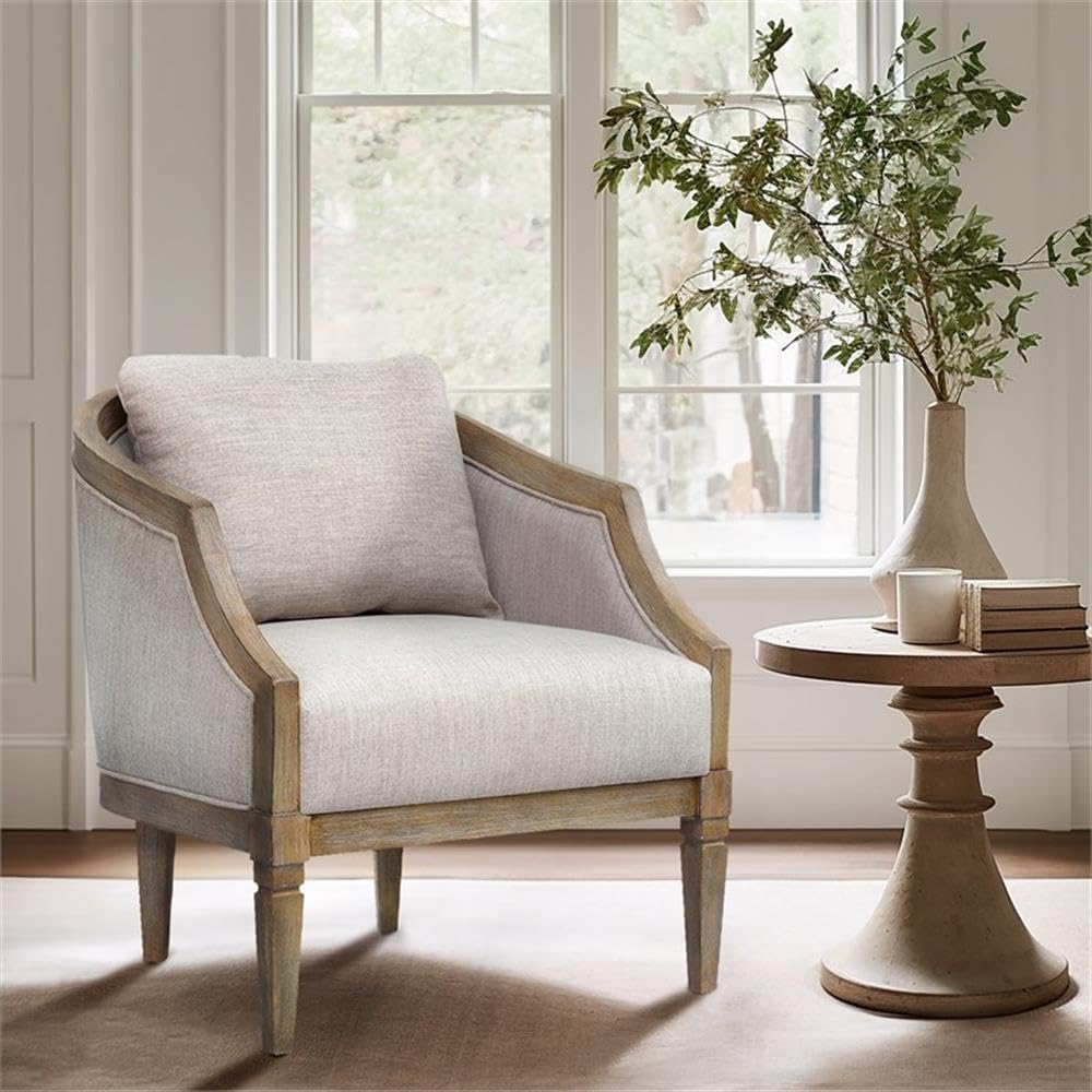 Pemberly Row Farmhouse Solid Wood & Fabric Accent Chair in Natural Pemberly Row