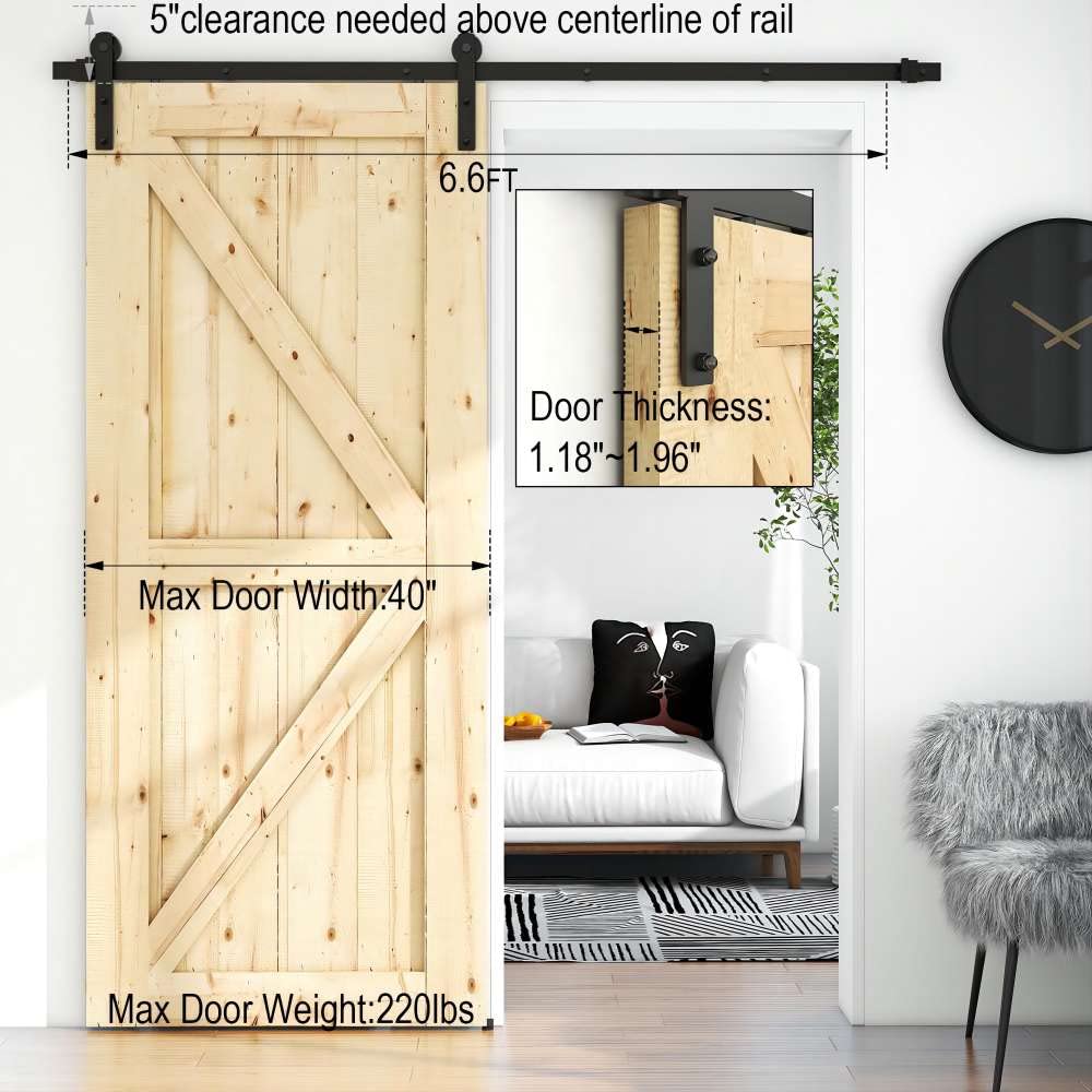 LQKUMJG 6.6FT Sliding Barn Door Hardware Kit for Single Wood Door, Smoothly and Quietly, Easy to Install Fit 35"-40" Wide and 1.18"-1.96" Thickness Door Panel, Includes Installation Instruction LQKUMJG
