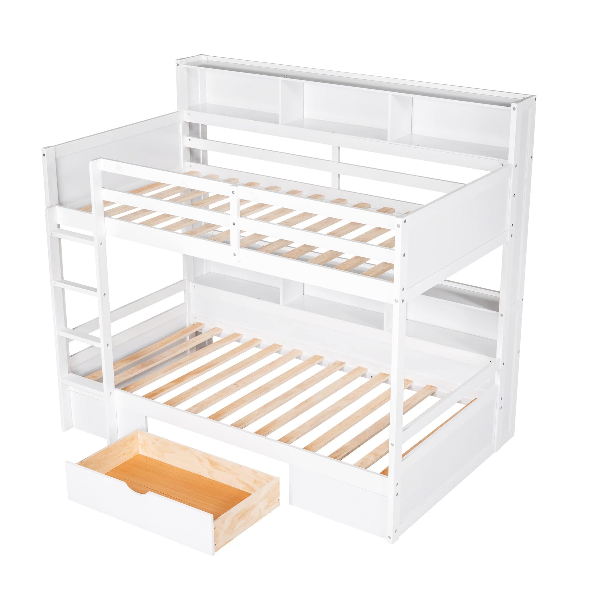 Twin Over Twin Solid Wood Bunk Bed with Storage Drawer and Built-in Shelves by Harper & Bright Designs in White - WoodArtSupply