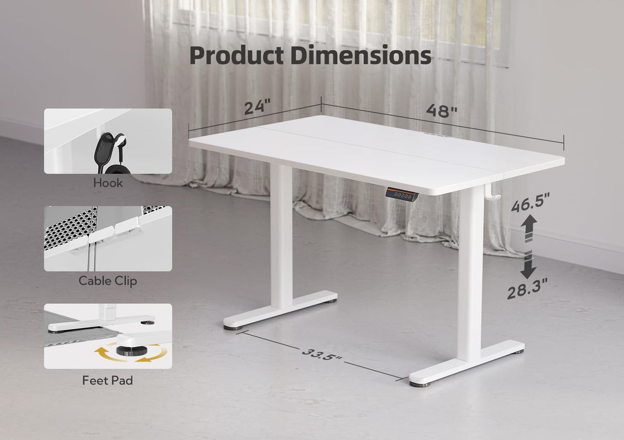 YDN Electric Standing Desk Adjustable Height, 48 x 24 Inches Stand up Desk with Cable Management, Home Office Desks with Splice Board & White Frame, White Top YDN