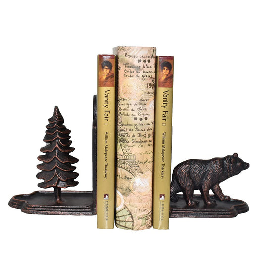 JUCONSIN Bear Bookends Decorative, Heavy Duty Cast Iron Bookends for The Shelves, Pine Tree and Bear Statue Book End, Vintage Shelf Decor, Antique Bronze