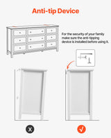 VEVOR 9 Drawer Dresser, Wooden Chest of Drawers with Sliding and Anti-tip Device, Retro Minimalist Dresser Chest, Closet Storage TV Stand Organizer for Living Room, Hallway, Bedroom, Entryway, White VEVOR