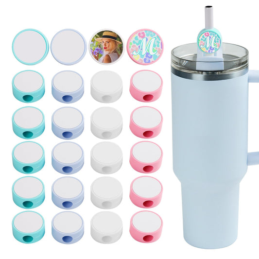 PYD Life 24 Pack Sublimation Straw Topper Decor Silicone Mixed 4 Colors Round for Stanley Tumblers Cups 10mm Straws 1.18" with 1" Sublimation Blanks Aluminum Round Sheets Double-sided