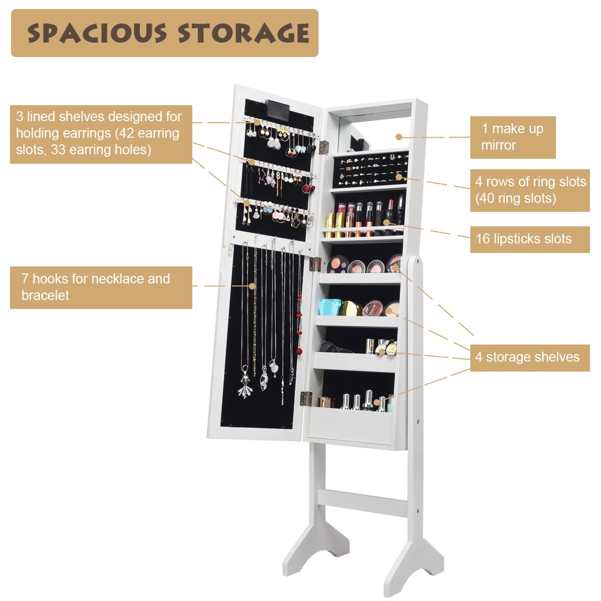 Giantex Standing Jewelry Armoire with 18 LED Lights Around the Door, Large Storage Mirrored Jewelry Cabinet with Full Length Mirror, 16 Lipstick Holders, 1 Inside Makeup Mirror (White) Giantex