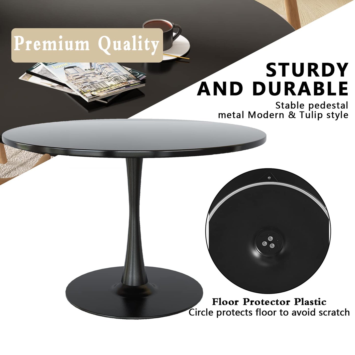 DKLGG Black Round Dining Table, 42.1" Tulip Table Kitchen Dining Table 4-6 People with MDF Table Top & Pedestal Base, Mid-Century End Table Leisure Coffee Table Office Living Room Table