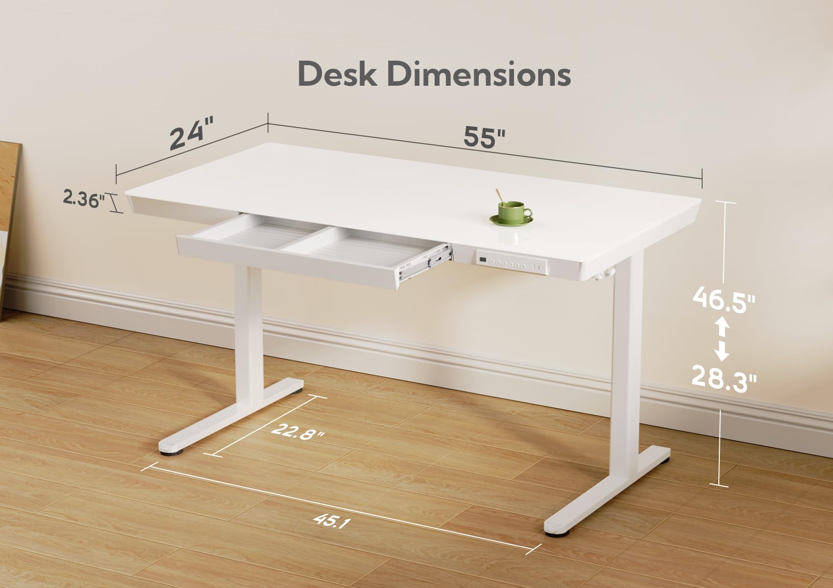 Claiks Glass Standing Desk with Drawers, 55 Inch Adjustable Stand Up Desk, Quick Install Home Office Computer Desk with USB Ports, White - WoodArtSupply