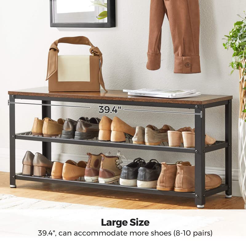 VASAGLE, 3-Tier Shoe Rack, Shelf Storage Bench with Metal Mesh Shelves and Seat, Free Standing Shoe Organizer for Entryway, 11.8 x 39.4 x 17.7 Inches, Rustic Brown and Black ULBS078B01 VASAGLE