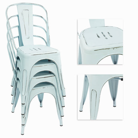 Devoko Metal Indoor-Outdoor Chairs Distressed Style Kitchen Dining Chairs Stackable Side Chair with Back Set of 4 (Blue) Devoko