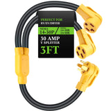 Kanayu 30 Amp Dryer Y Splitter to RV/EV NEma 14-30P to 14-50R/14-30R Adapter Dryer 4 Prong 30 to 50 Amp Y Adapter Cable for EV RV Charging at Dryer Outlet, 250 Volt, 10 AWG 4 Conductors, 3 ft(Yellow) Kanayu