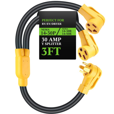 Kanayu 30 Amp Dryer Y Splitter to RV/EV NEma 14-30P to 14-50R/14-30R Adapter Dryer 4 Prong 30 to 50 Amp Y Adapter Cable for EV RV Charging at Dryer Outlet, 250 Volt, 10 AWG 4 Conductors, 3 ft(Yellow)