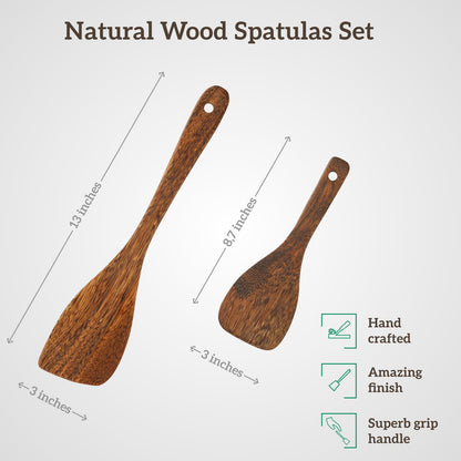 Wooden Spatula for Cooking, Long Handle, Wooden Spoons Set of 2 for Nonstick Pans & Cookware, Wooden Utensil Set, Wood Flipper for Pan and Wok, Wood Scraper, Spatula for Flipping, Serving & Scraping