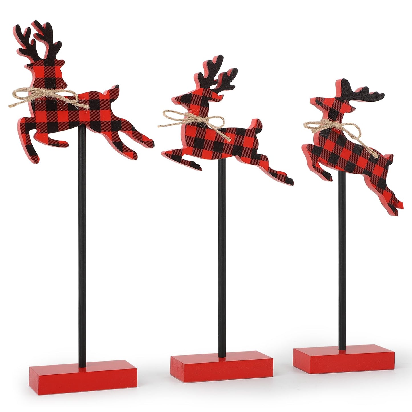 3 Pieces Christmas Table Decorations Wood Reindeer Set, Plaid Christmas Tiered Tray Decor,Rustic Christmas Reindeer Table Decorations for Home(Plaid)