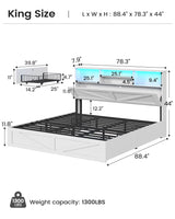 AOGLLATI Farmhouse King Bed Frame Bed Frame with 4 Storage Drawers and Led Lights, Wooden King Bed with Hidden Space Bookcase Headboard and Led Lights, White AOGLLATI