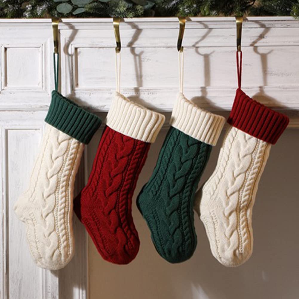 Nanou Christmas Stockings 18" Knitted Christmas Socks Family Holiday Decorations Great Big Stockings for Gift to Family, Friends and Kids (Green(Body)+Ivory (Mouth), Length 18",Pack 1) Nanou