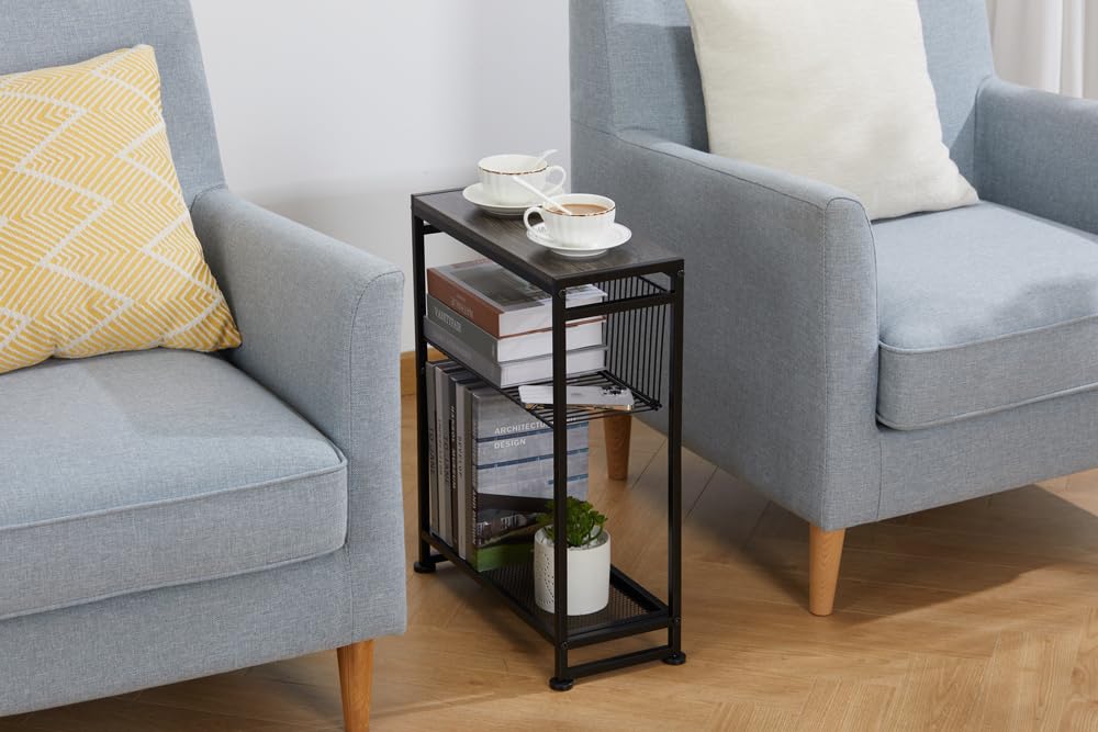 Dulcii Small Side Table for Small Spaces - Slim End Table with Magazine Holder Narrow End Table Living Room - Skinny Bedside Table Nightstand Bedroom Thin Side Table (Grey) Dulcii