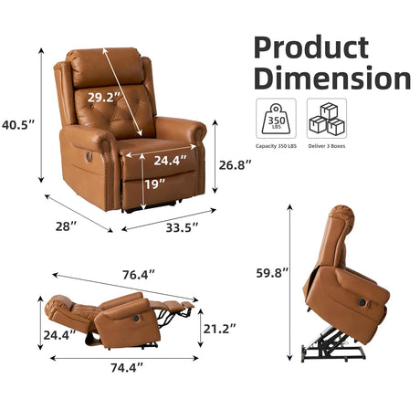 RUTOX Large Power Lift Recliner Chair for Elderly, Lay Flat Lift Chair with Adjustable Headrest, Leather Recliner Lift Chairs with Massage and Heat, Infinite Position,Extended Footrest, Camel RUTOX