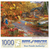 Bits and Pieces - 1000 Piece Jigsaw Puzzle for Adults 20" x 27" - Autumn Cabin - 1000 pc Fall Forest Lake Tree Leaves Scarecrow Rustic Jigsaw by Artist Bigelow Illustrations Bits and Pieces