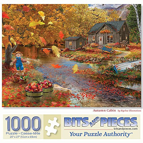 Bits and Pieces - 1000 Piece Jigsaw Puzzle for Adults 20" x 27" - Autumn Cabin - 1000 pc Fall Forest Lake Tree Leaves Scarecrow Rustic Jigsaw by Artist Bigelow Illustrations Bits and Pieces
