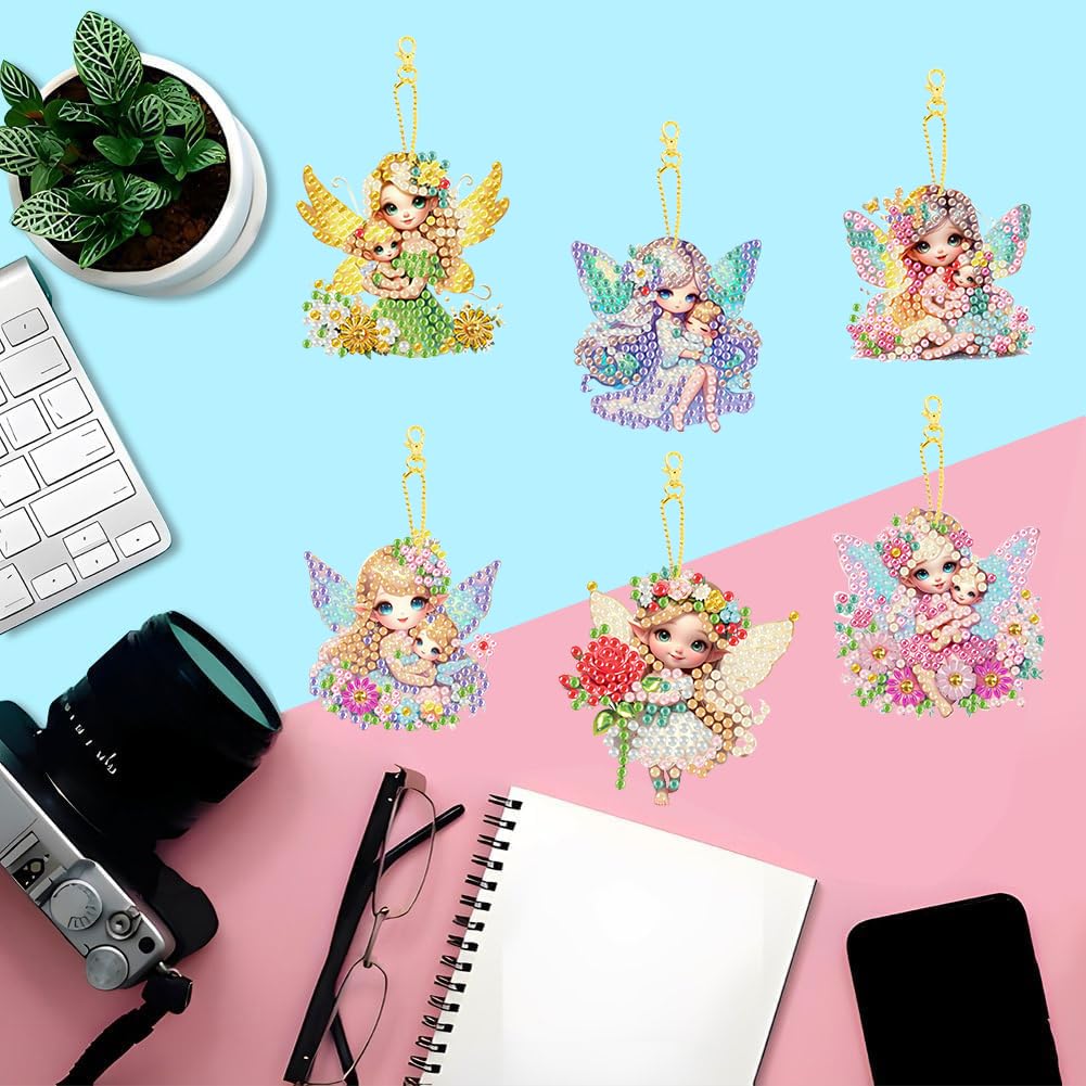 Masendp 8 Pieces 5D DIY Diamond Art Painting Keyring, Angel Fairy Double Sided Diamond Keychain, Mosaic Paste Painting Keychain, Diamond Art Pendant Jewelry Wallet Bag Decoration Masendp