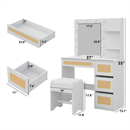 Furniouse Rattan Vanity Desk, Vanity Mirror with Lights and Table Set with 4 Drawers, Vanity Set 3 Lighting Modes Brightness Adjustable for Bedroom