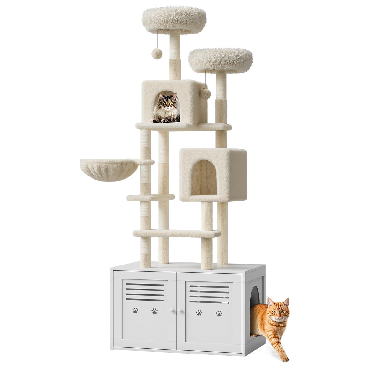 75.6-Inch Tall Cat Tree with Litter Box Enclosure 2-in-1 Modern Large Cat Tower for Indoor Cats with Double Condos/Scratching Posts/Hammock/Plush Perches, Cats Hidden Litter Box Furniture, White Sunvasagoo