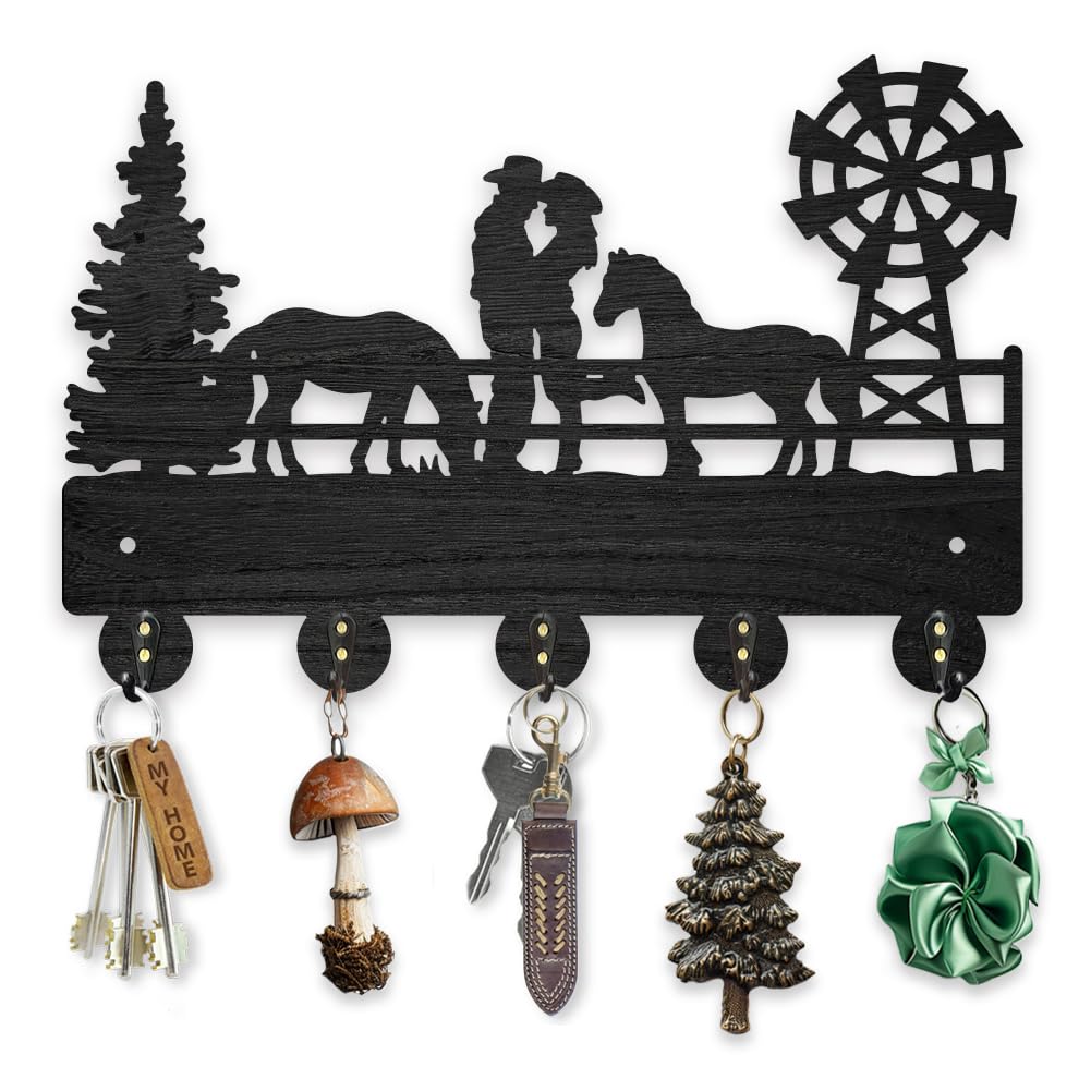 MAYJOYDIY Wood Cowboy Horse Farm Coat Hooks Farmhouse Cowgirl Windmill Key Holder for Wall 11.8×7.9inch Wall Art Decor Gift Black Wall Key Rack Organizer 5 Alloy Hooks for Bedroom Kitchen Entryway MAYJOYDIY