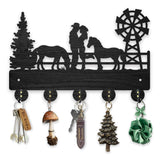 MAYJOYDIY Wood Cowboy Horse Farm Coat Hooks Farmhouse Cowgirl Windmill Key Holder for Wall 11.8×7.9inch Wall Art Decor Gift Black Wall Key Rack Organizer 5 Alloy Hooks for Bedroom Kitchen Entryway MAYJOYDIY