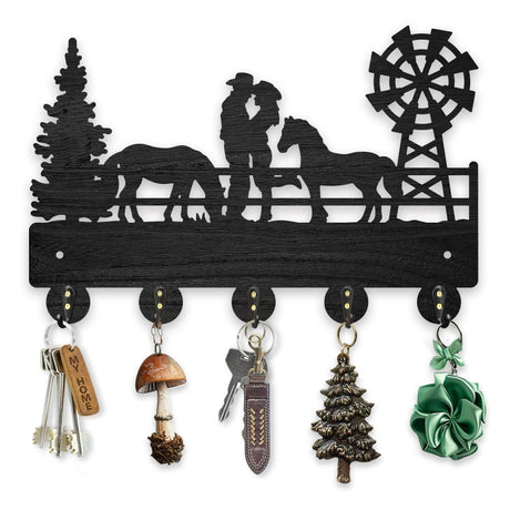 MAYJOYDIY Wood Cowboy Horse Farm Coat Hooks Farmhouse Cowgirl Windmill Key Holder for Wall 11.8×7.9inch Wall Art Decor Gift Black Wall Key Rack Organizer 5 Alloy Hooks for Bedroom Kitchen Entryway MAYJOYDIY