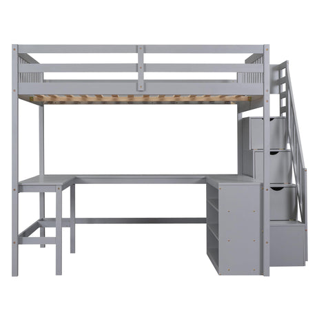 Discover the Harper & Bright Designs Full Size Loft Bed with Stairs & Desk – Versatile Solid Wood Frame in Gray Harper & Bright Designs
