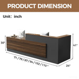 Modern L-Shaped Reception Desk with Hutch, Office Reception Counter Table with Lockable Drawer and Door Cabinet, Wooden Computer Front Desk (Walnut+lron Gray-Right Cabinet, 62.99"L*23.62"W*41.34"H) Nuipesn
