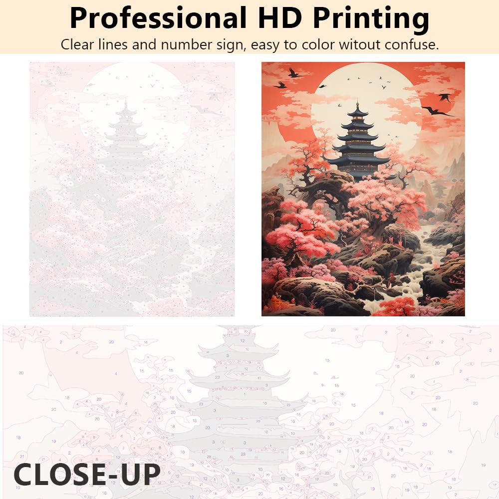 TUMOVO Pagoda Paint by Number Kits for Adults Beginners Pink Cherry Blossom Painting by Numbers Frameless DIY Oil Painting Kit Drawing Paintwork for Gift Home Wall Decor 16x20 Inch TUMOVO
