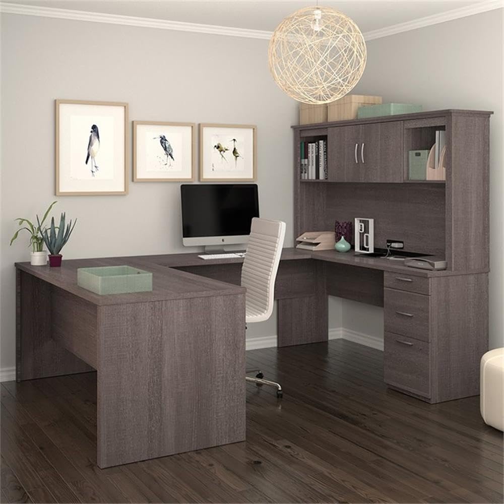 Atlin Designs Modern Wood U Shape Computer Desk with Hutch in Bark Gray