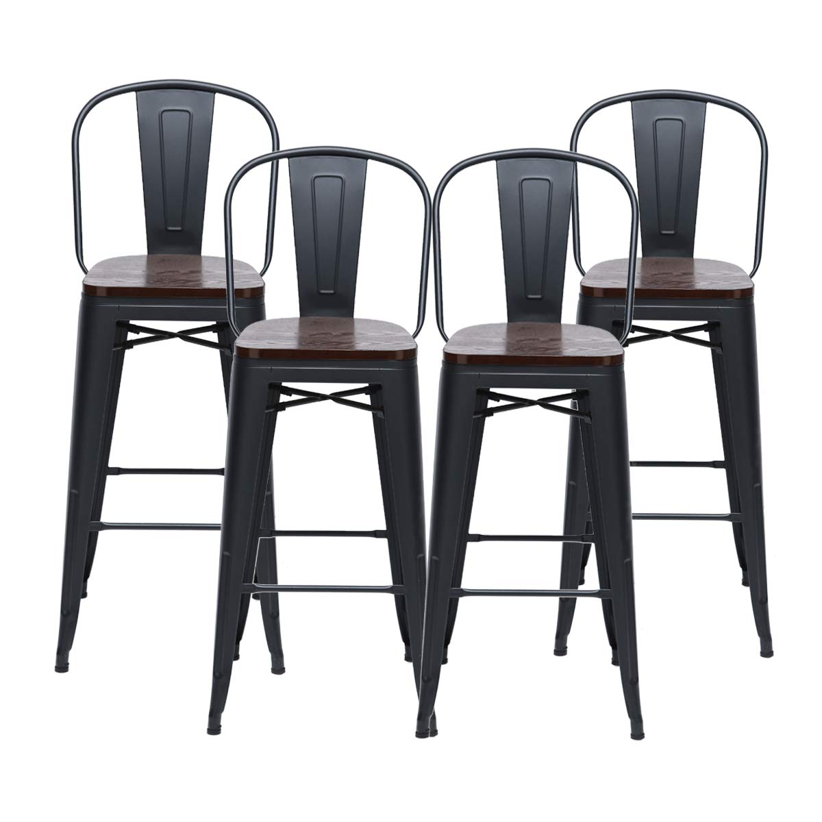 HAOBO Home 26" High Back Metal Counter Stool Height Bar Stools with Wooden Seat [Set of 4], Black HAOBO Home