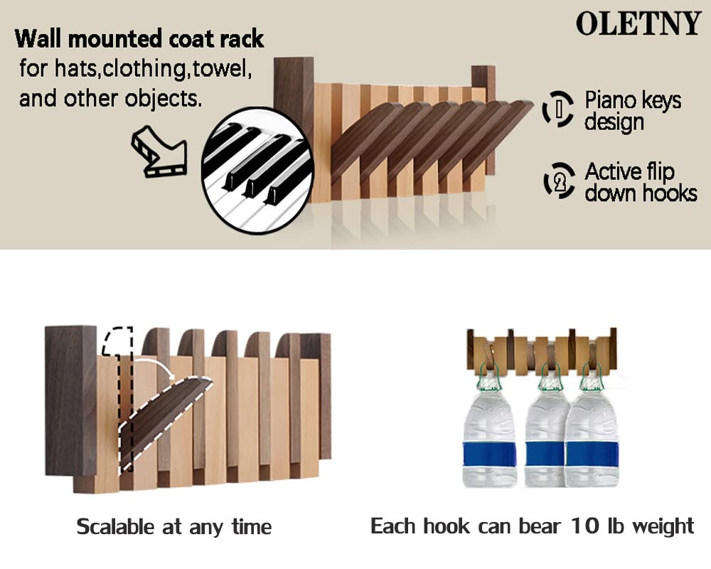 OLETNY Coat Rack Wall Mount Wood, Wood Coat Rack Wall Mount with 6 Flip-Down Magnetic Hooks Piano Wall Coat hanger for Entryway, Bathroom, Bedroom, Kitchen OLETNY