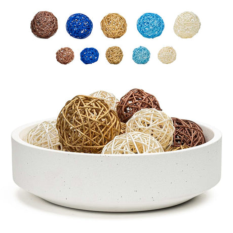 VELOVA Large White Concrete Decorative Bowl with 24 Decorative Balls, Fruit Key Holder Bowls Boho Modern Home Decor Accent for Dining Room Centerpiece Living Room Coffee Table Shelf Entryway Rattan VELOVA