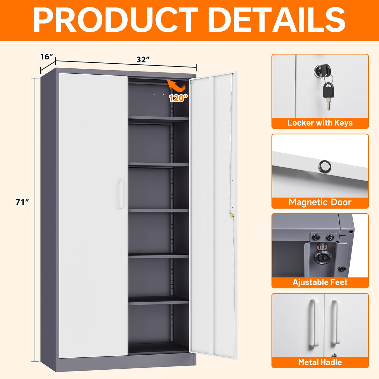 NODHM Metal Storage Cabinets with Lock, 71" Garage Storage Cabinet with 2 Door and 5 Adjustable Shelves, Steel Lockable Tool Cabinets for Home, Office, Gym, Garage… NODHM